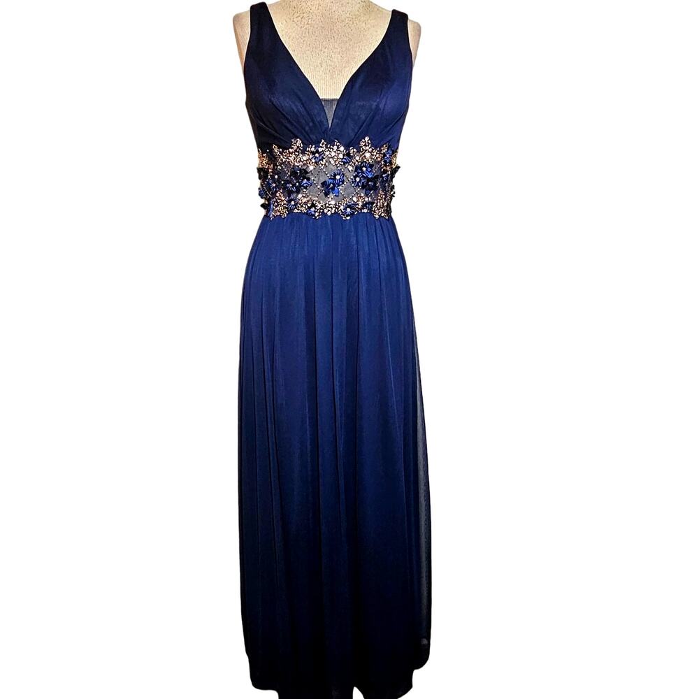 Betsy & Adam Navy Blue Embellished Waist Maxi Dress